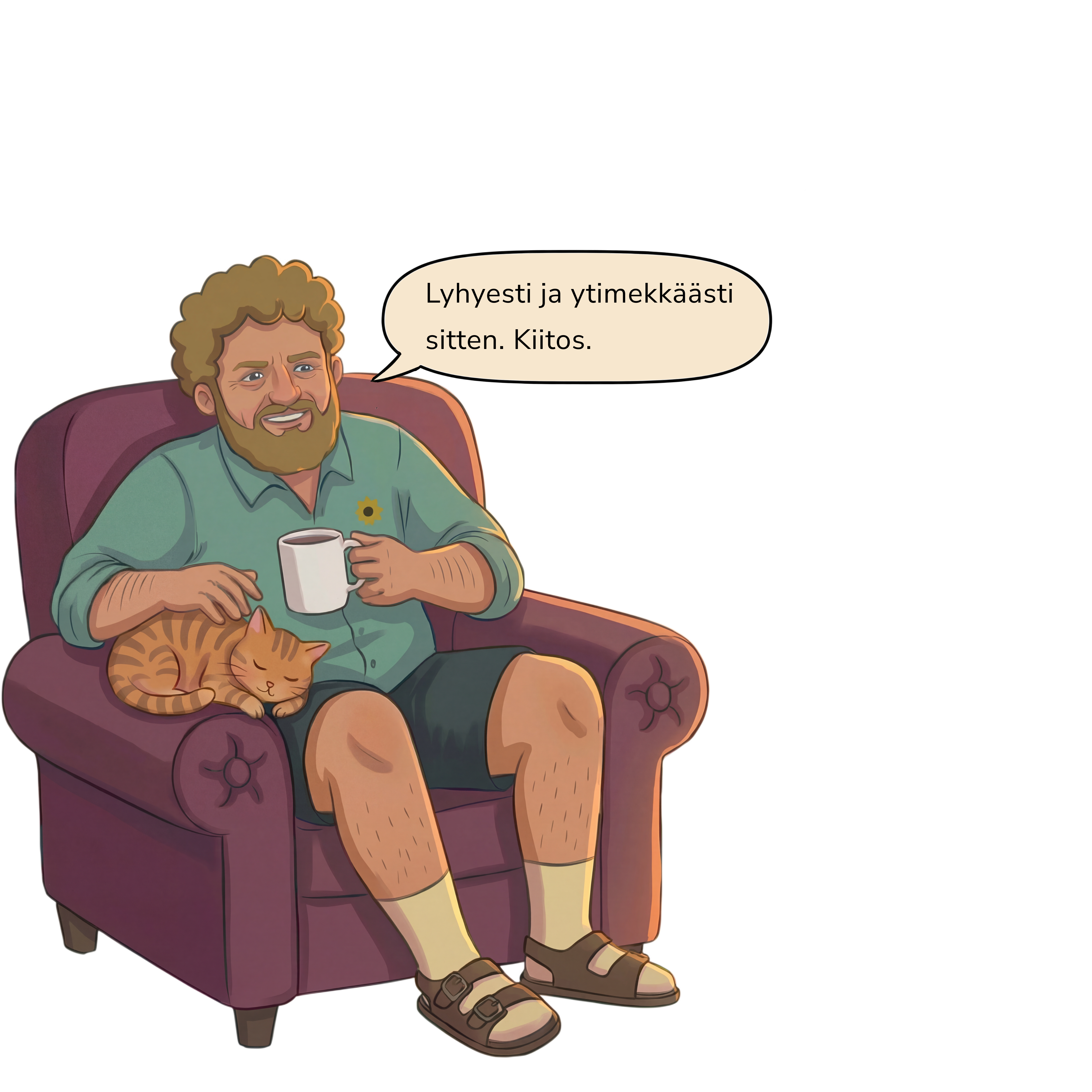 Isä rentoutuu nojatuolissa kissan kanssa