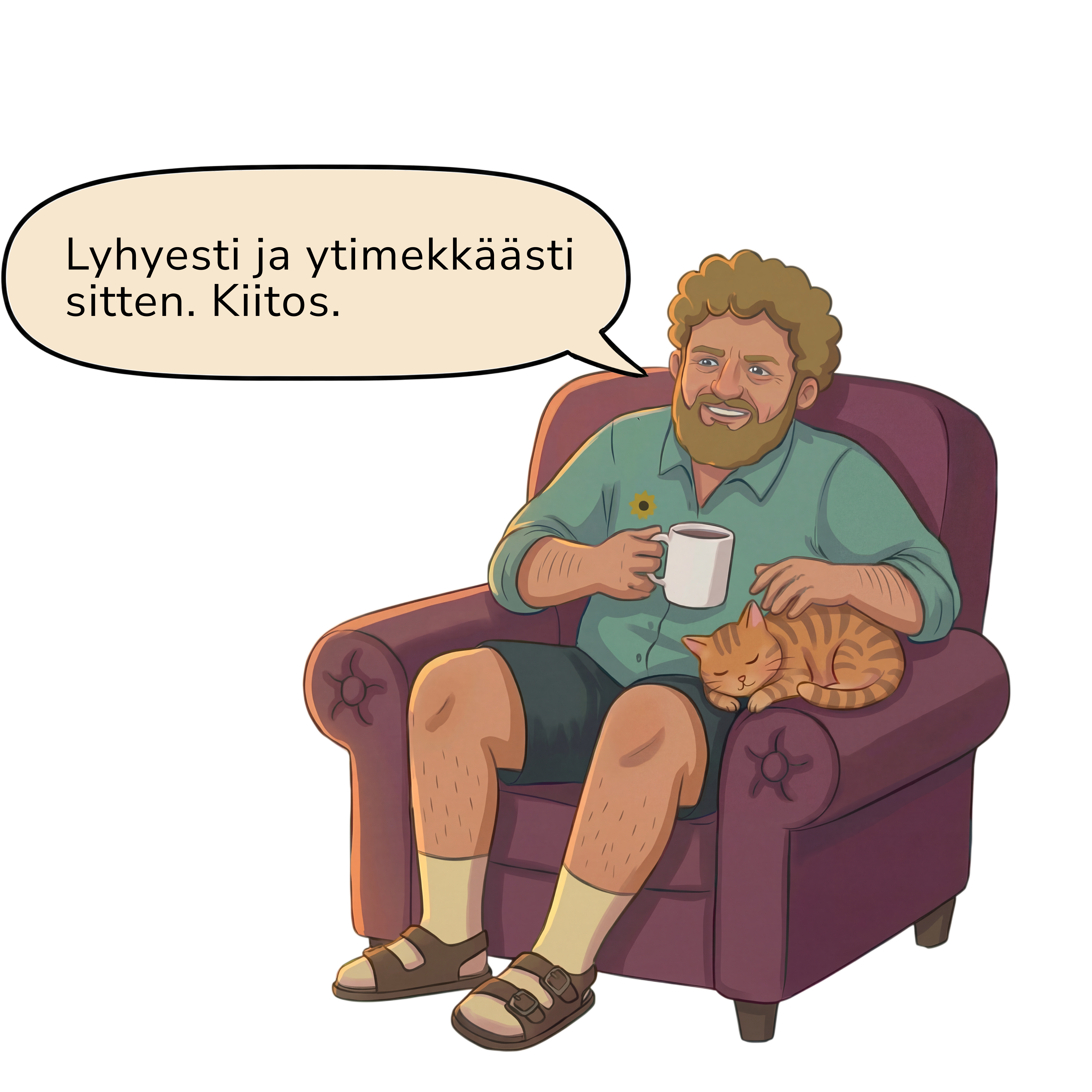 Isä rentoutuu nojatuolissa kissan kanssa